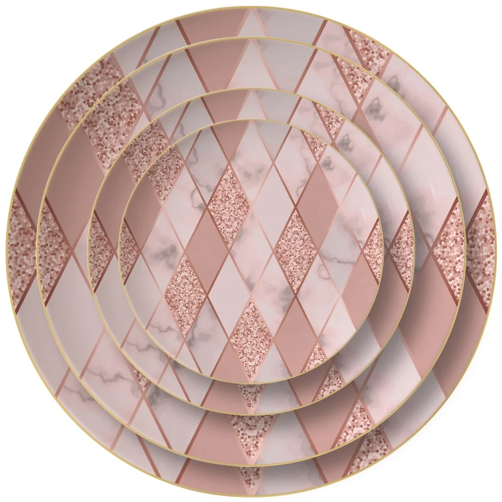 Pink geometric pattern wedding banquet buffet ceramic dinnerware set tableware dinning set plates