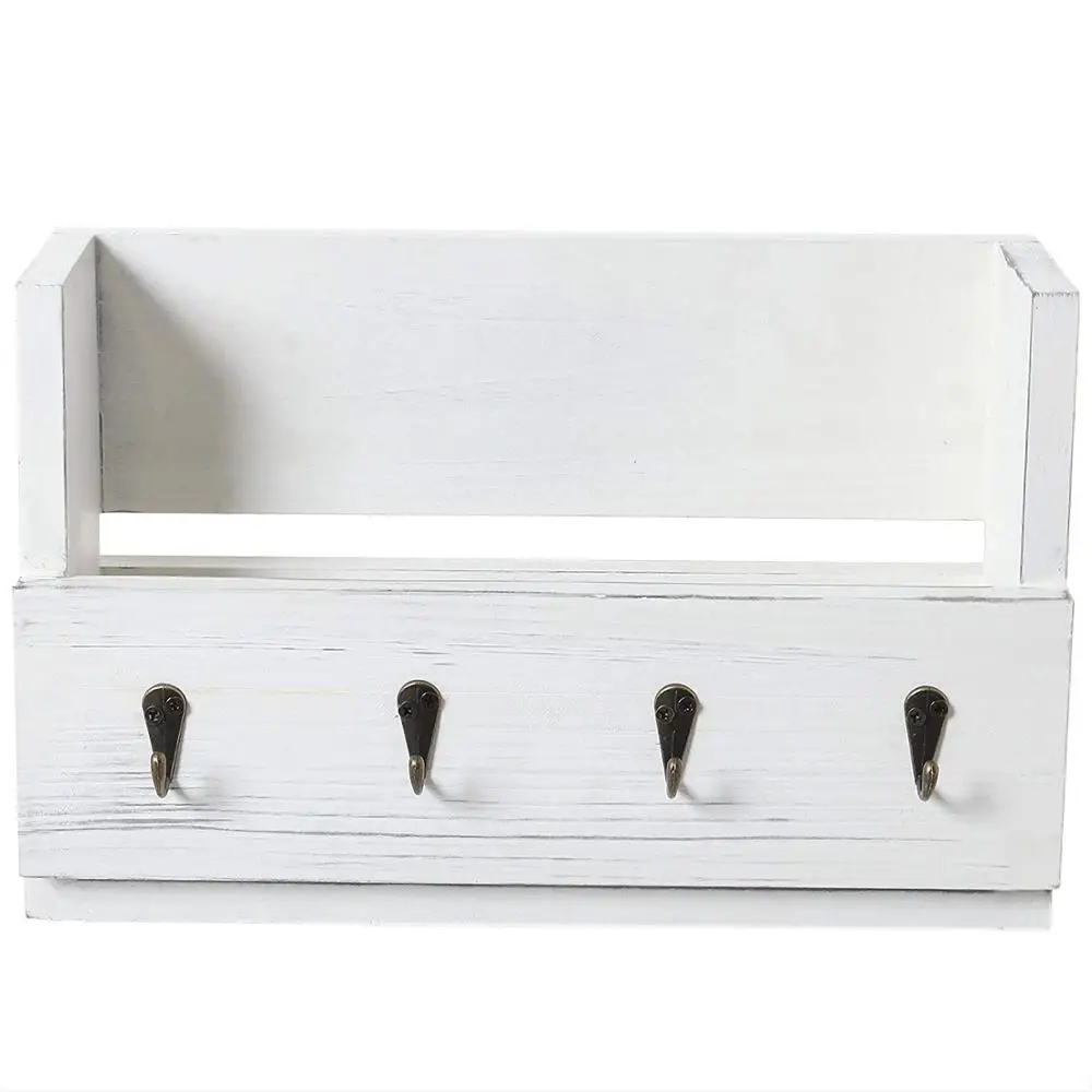 
Antique White Wood Wall-Mounted Magazine Mail Holder with 4 Key Hooks 