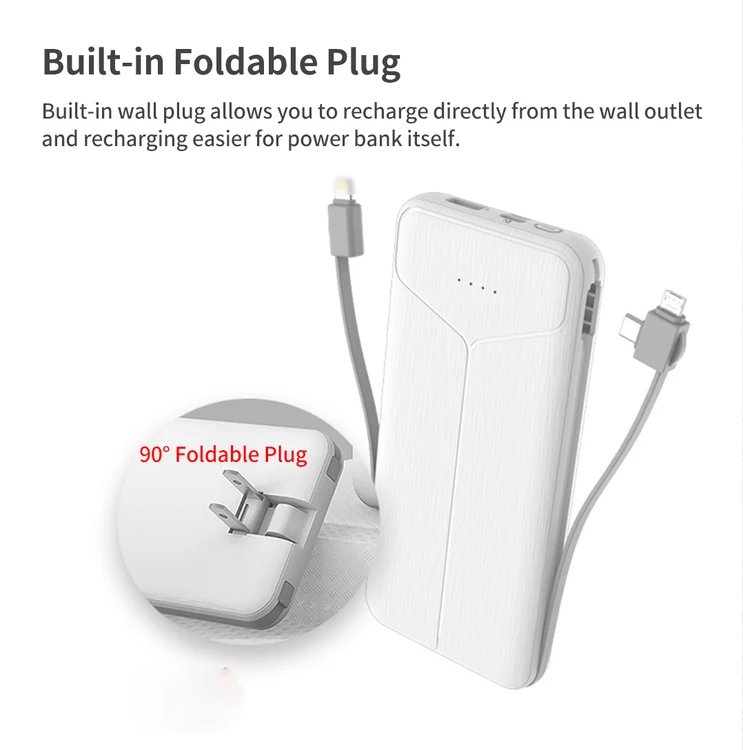 Portable Slim 10000mAh Charger Built-in Charging Cables External Battery Power Bank With AC Wall Plug