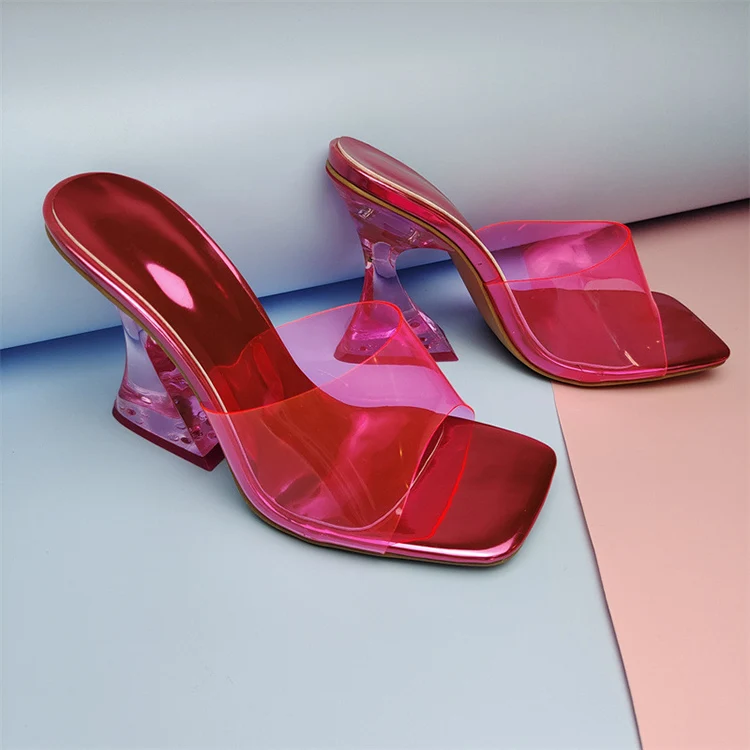 New Arrivals 2021 Shoes Square Toe Crystal Transparent Sandal Heels For Ladies PVC Slip On Womens Colorful Slippers