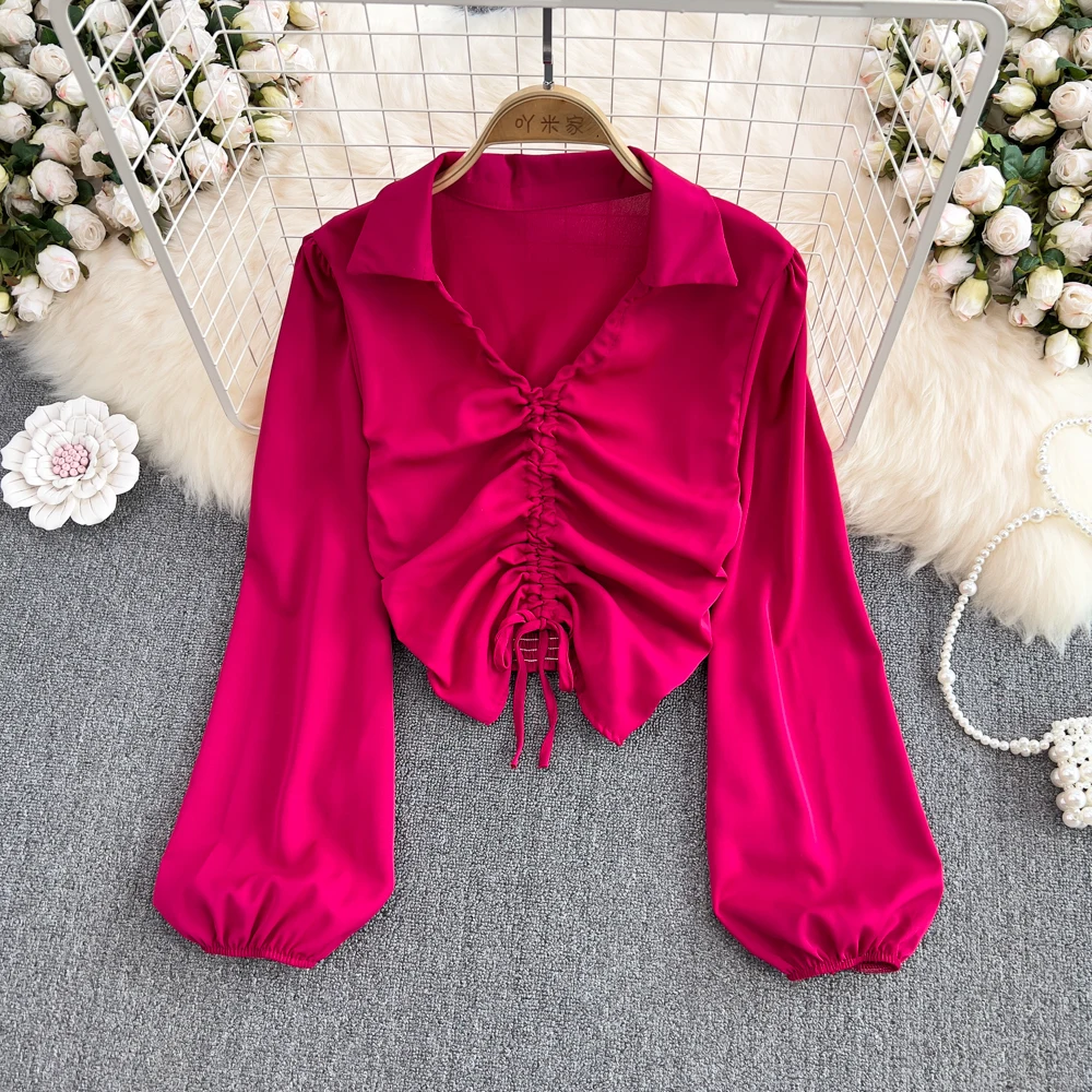 Wholesale 2022 Summer New Hot Girl Style Pure Desire Temperament V-neck Pullover Pleated Drawstring Long-sleeved Shirt