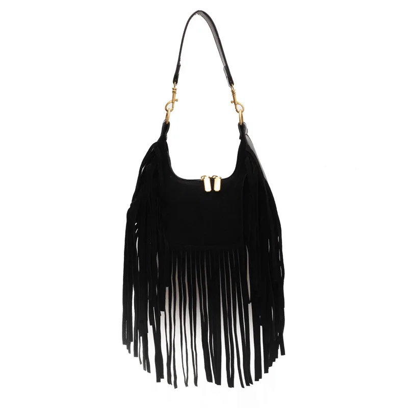 Trendy Suede Leather Tassel Hobo Shoulder Bags Featured Purses Bohemian Fringed Handbags Crossbody Bags for Women