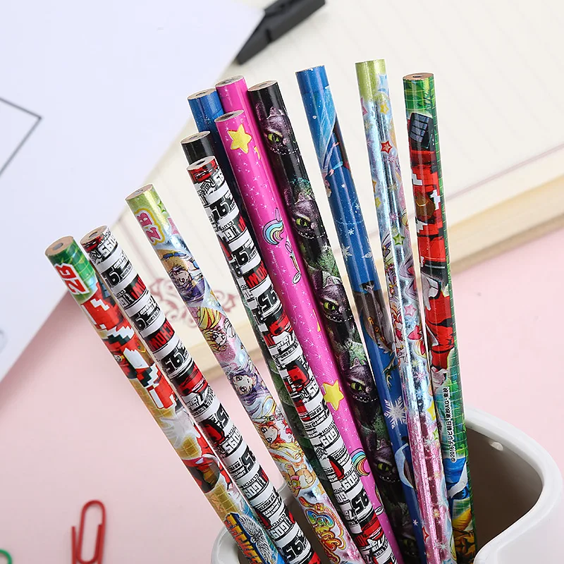 Pencil manufacturers customize color printing film thermal transfer kids HB 2B cartoon round pencil with eraser