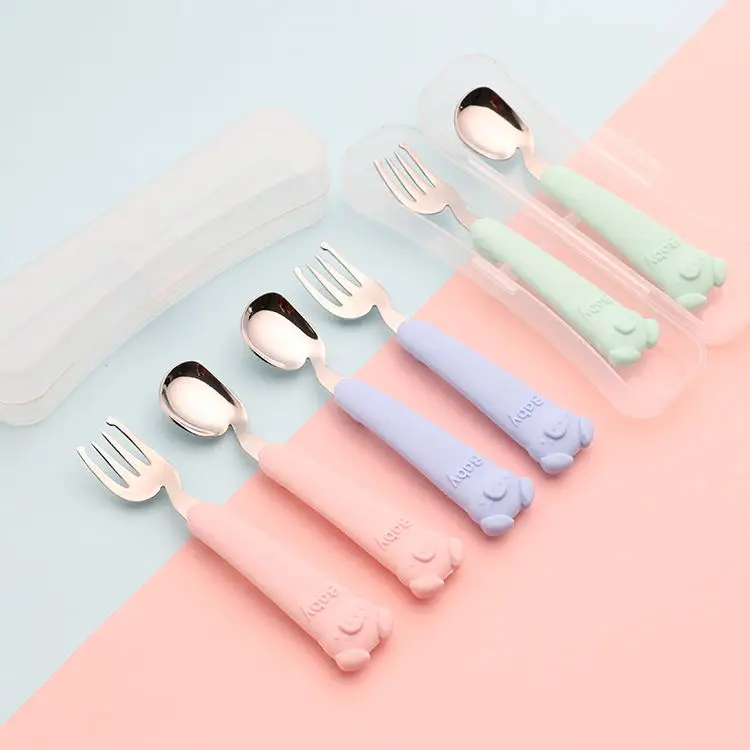 304 Stainless steel spoon and fork set silicone handle  for Children