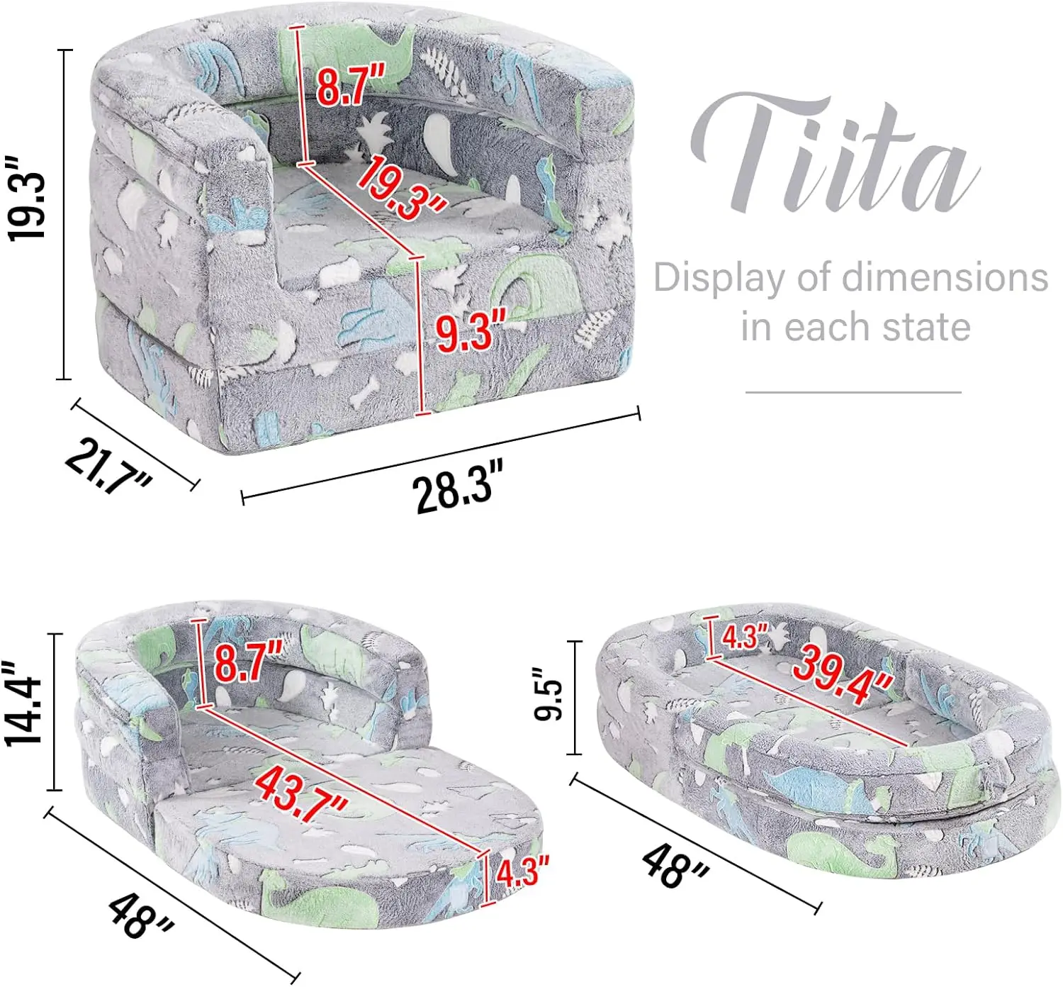 Convertible 3-in-1 High Density Foam Kids Couch Plush Toddler Chair Bed Toddler Reading Sofa Chair