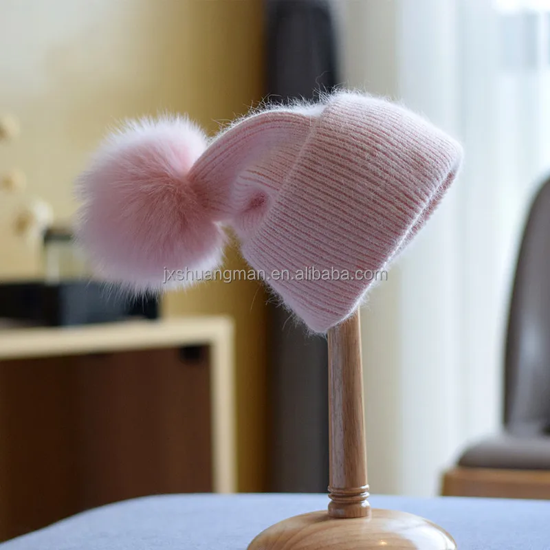 Winter Thickened Ear Protection Wool Ladies Hat Knitted Bennie with Fox Fur Pom