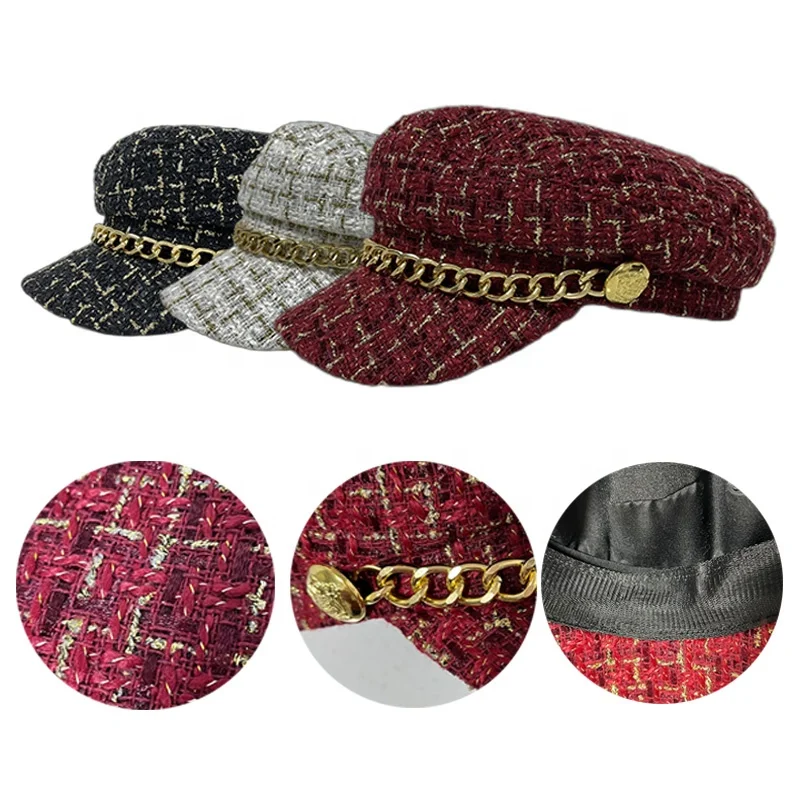 HR02 Wholesale Spring brand designer winter french red custom villus cap beret hat girl with metal rope for women