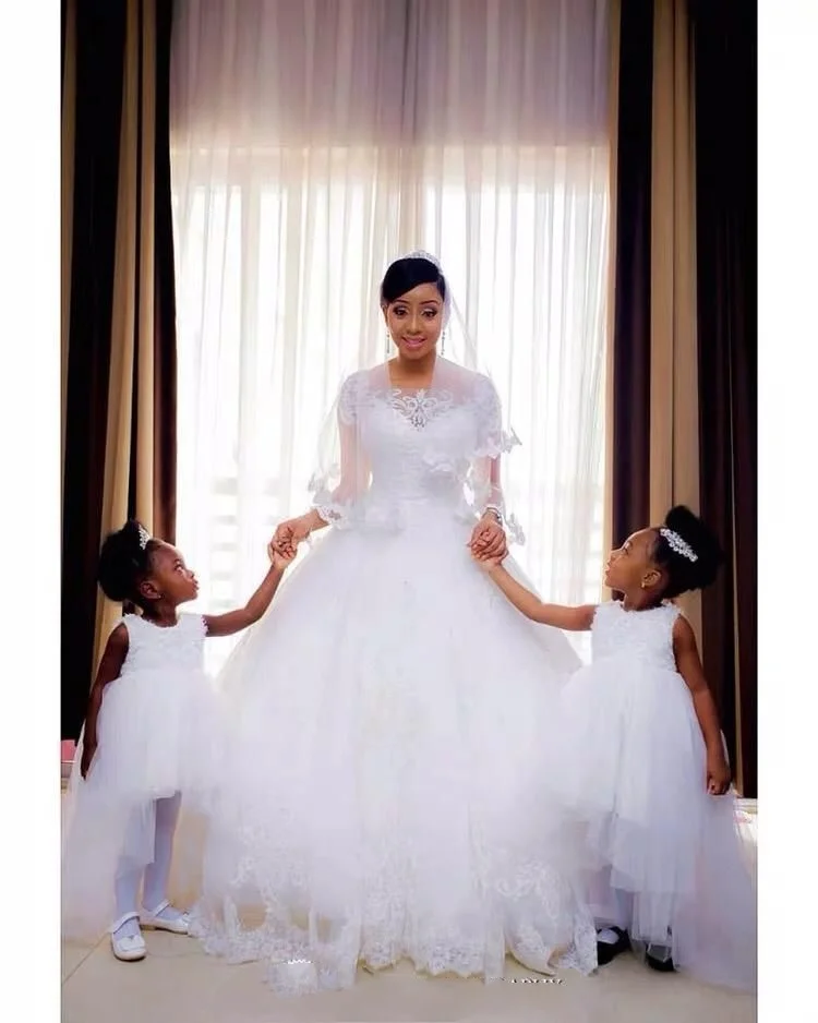 Morili White Customized Appliqued Beaded Lace Puffy African Ball Gown Cheap Wedding Gowns