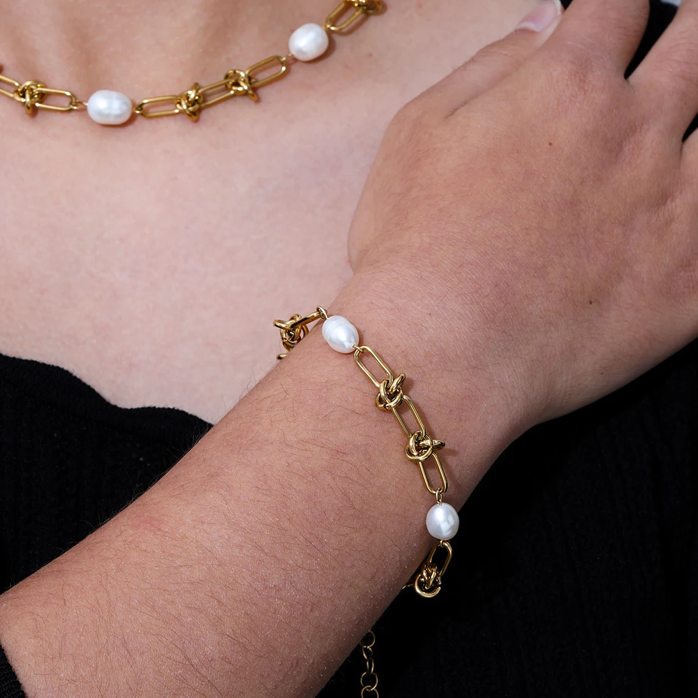 High quality Gold Plated Knot Link Chain Freshwater Pearl Necklace Stainless Steel Jewelry Wholesale