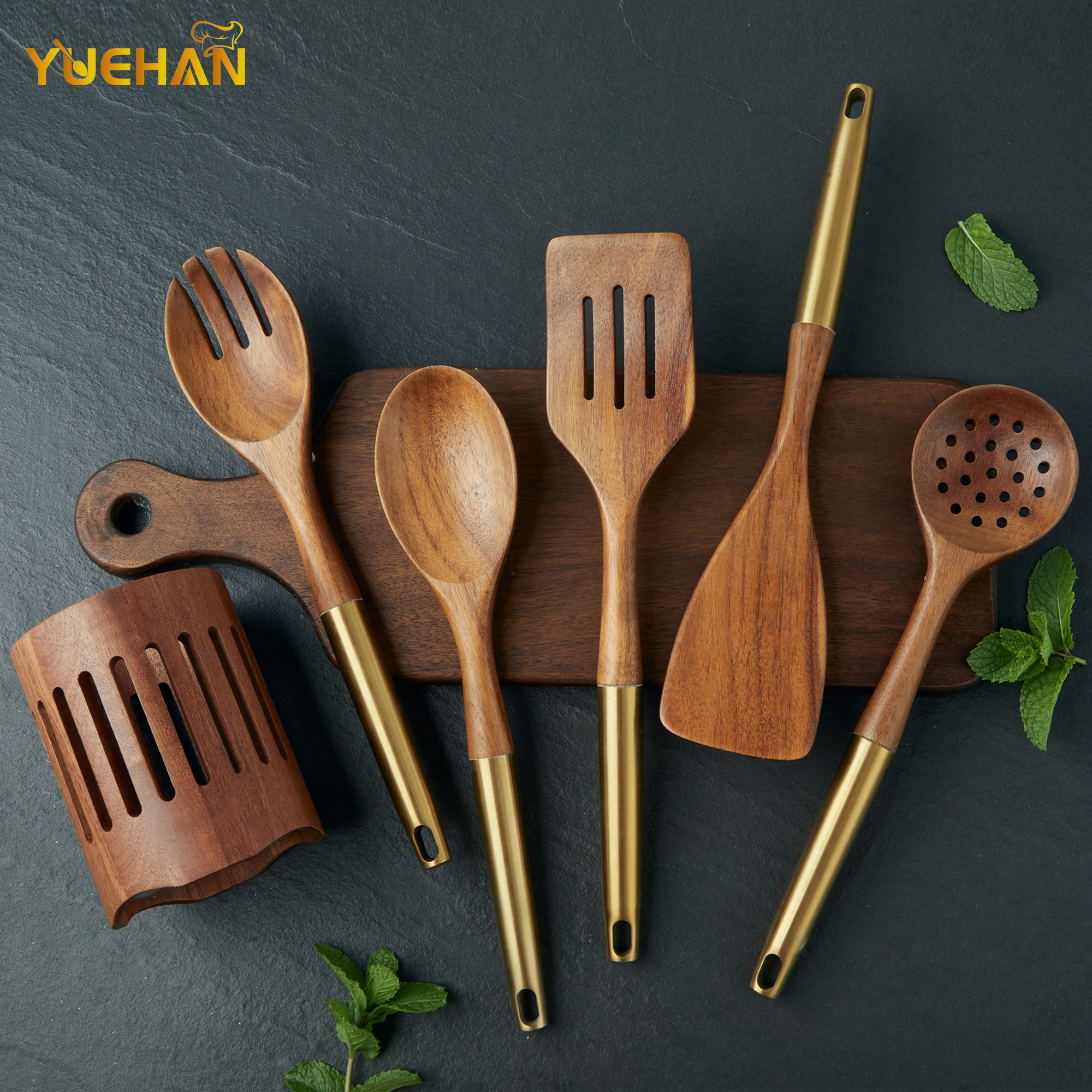 Latest Design 5 to 12 Pcs Wood and Gold Color Best Gadgets Home Cooking Tools Wholesale Kitchen Utensil Set