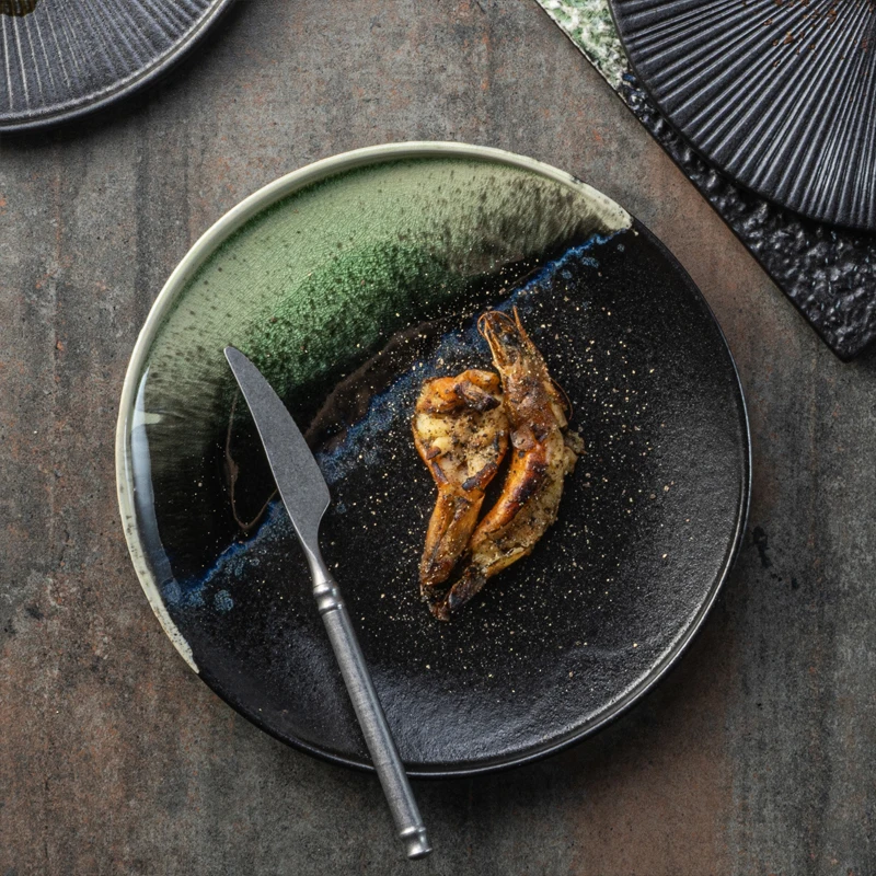 Yayu new listing Horeca luxury modern black green ceramic dinner steak flat plates for Korean food restaurant porcelain dishes
