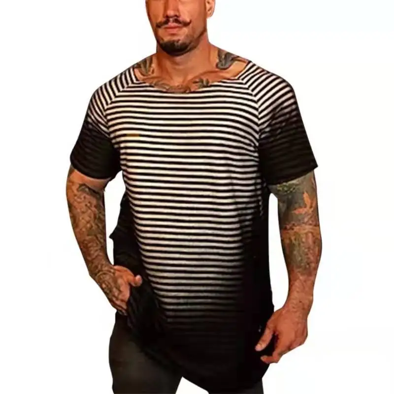 
2021 Cross-Border AliExpress Amazon Summer European And American Hot Style Striped Casual Short-Sleeved Slim-Fitting T-Shirt Men 