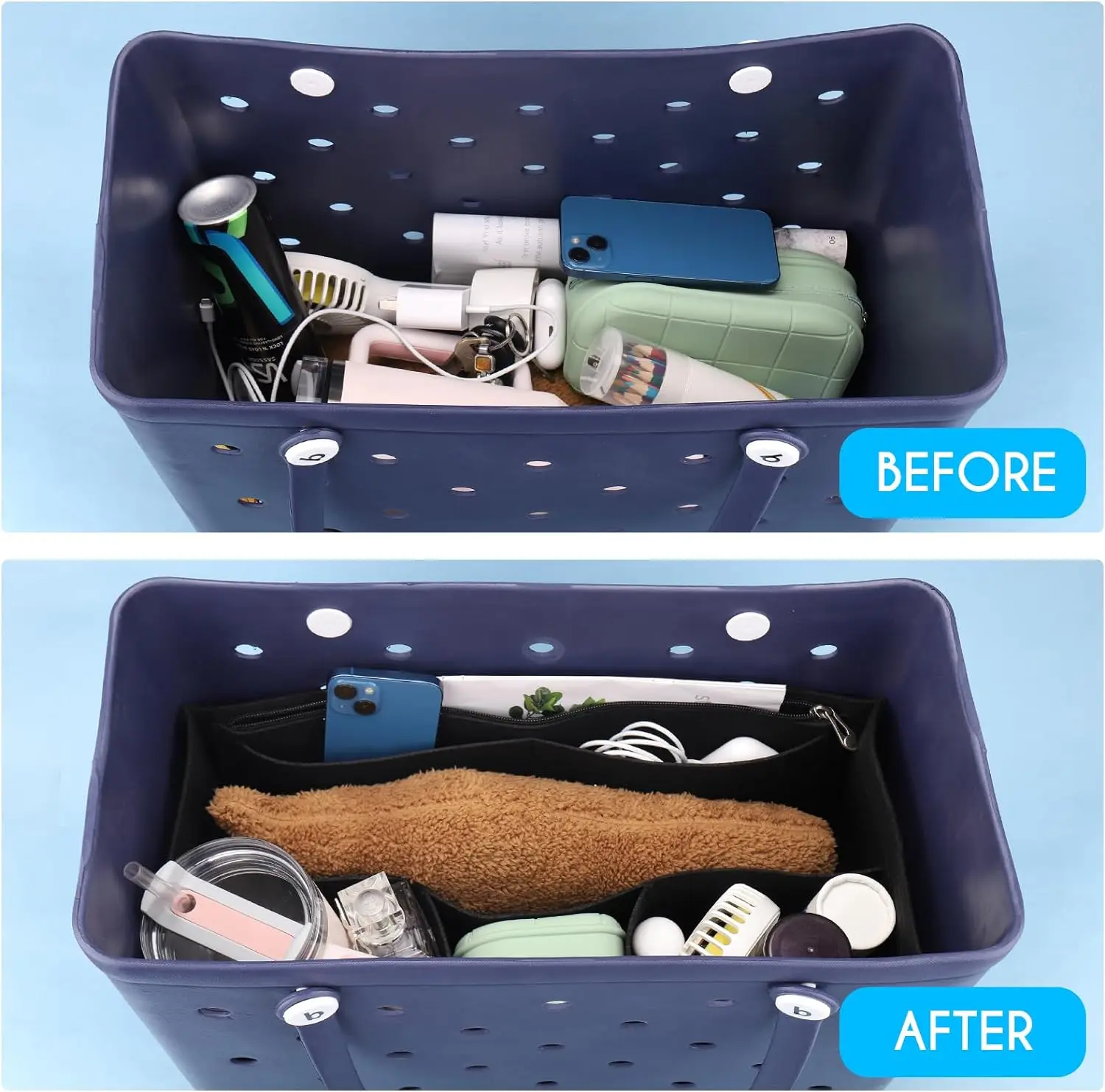 Rubber Beach Bag Organizer Liner Compatible with Bogg Bag Felt Insert Divider Pouch with Zipper for Bogg Bag Accessories,TLX0122