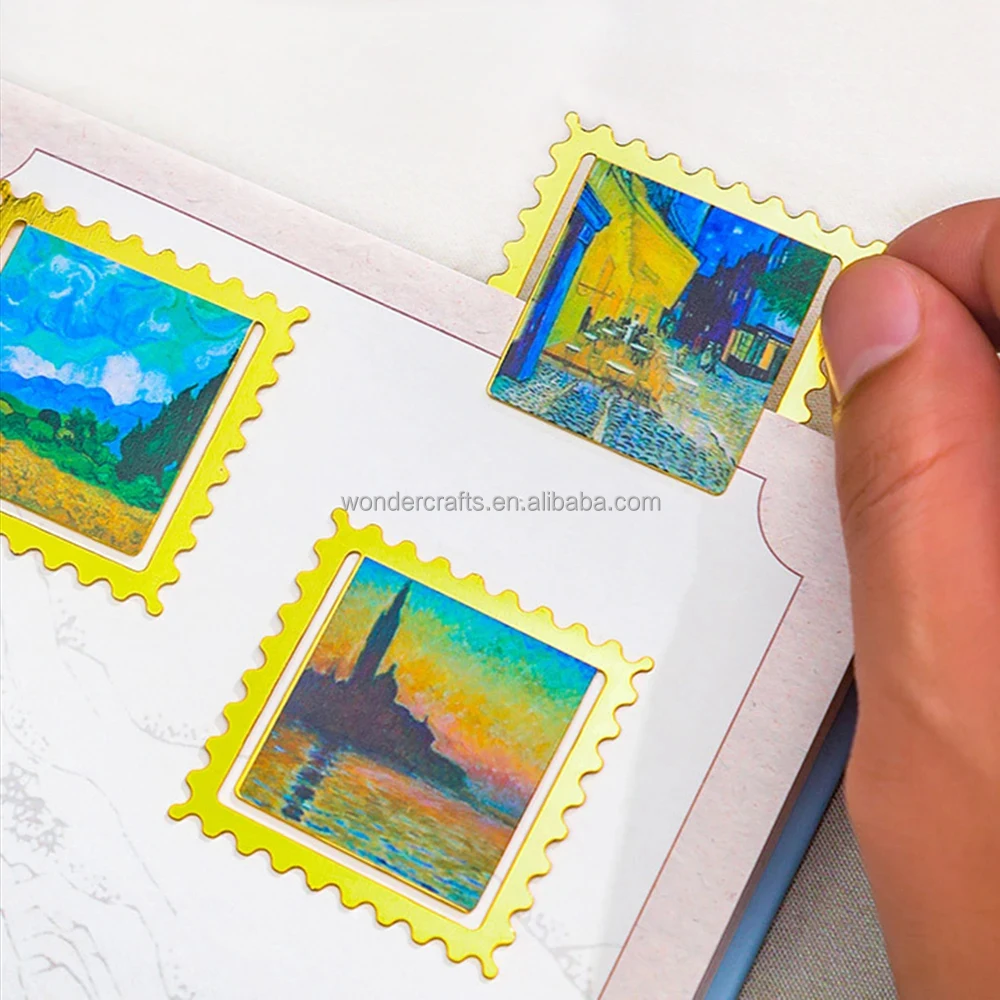 WD Custom Van Gogh Monet Oil Painting Stamp Bookmark Clip Waves Water Lily Starry Night Stamp Bookmarks With Printing Cardstock