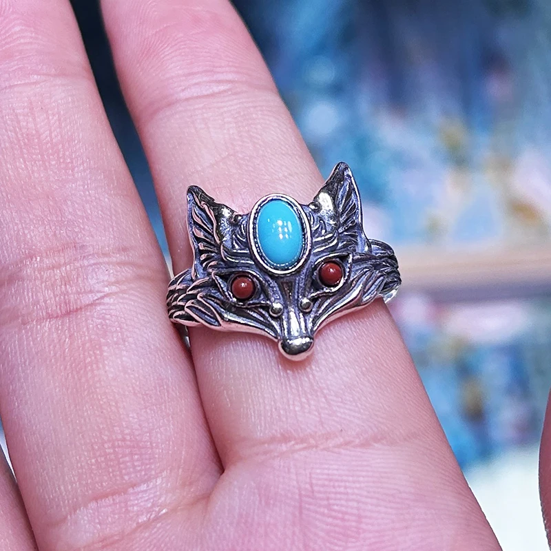 Natural turquoise fox shaped s925 silver jewelry adjustable ring personalized accessory