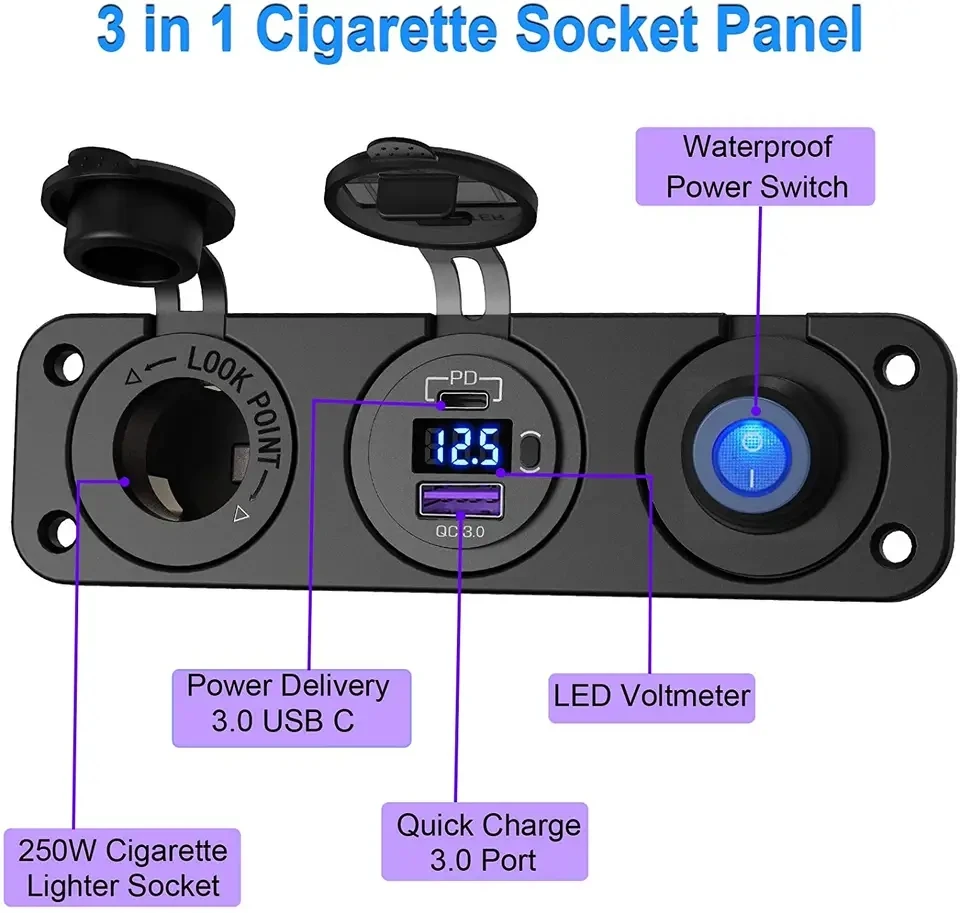 48W PD3.0 & QC3.0 USB C Car Charger and Waterproof Rocker Toggle Switch 12V/24V USB Outlet Panel mount