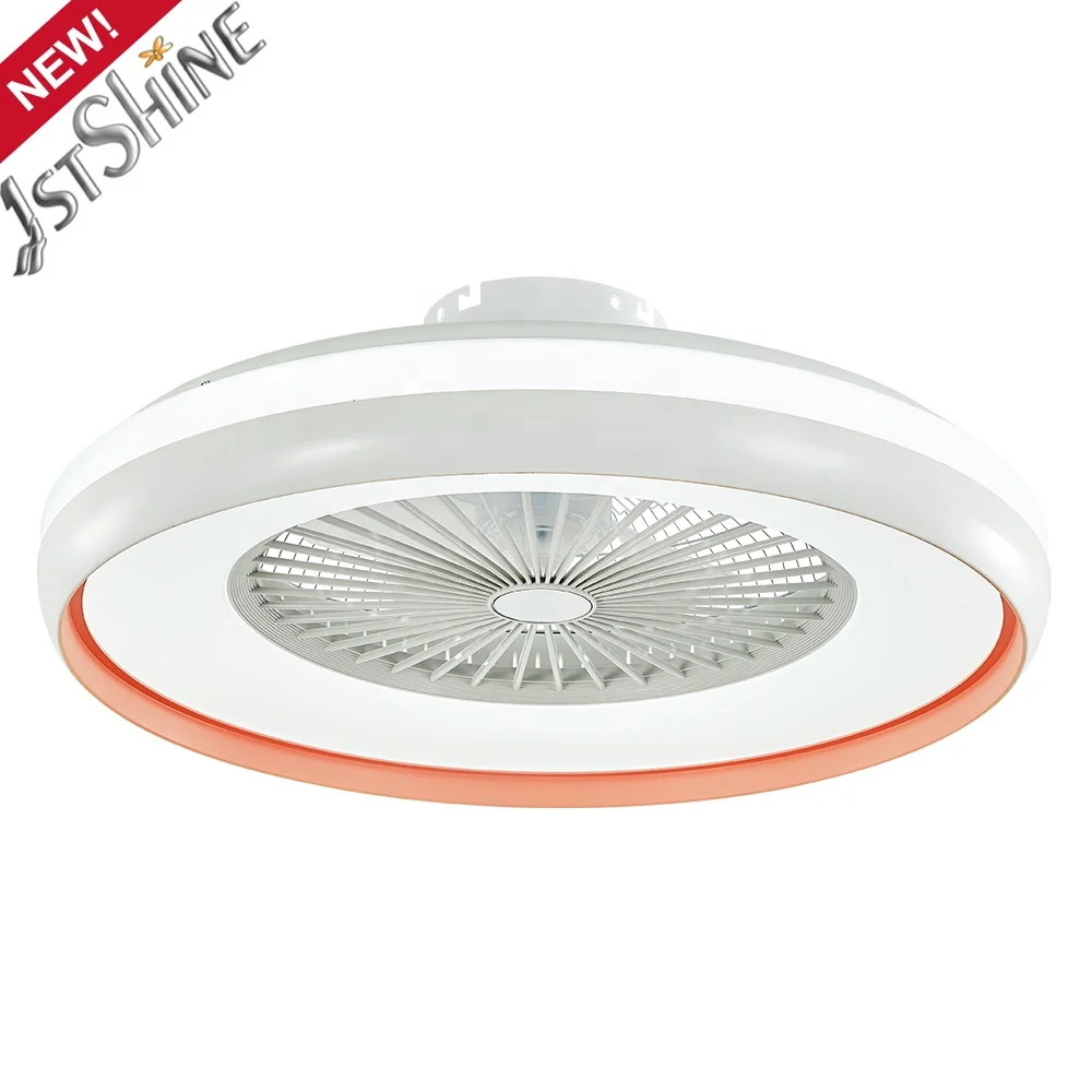 1stshine LED ceiling fan light popular design 220v pink color WIFI app control 7 plastic blades ceiling mounted fan