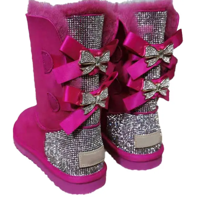 2024 Wholesale fashion ladies sheepskin kids women winter snow ribbon fur boots with bows snoe boots