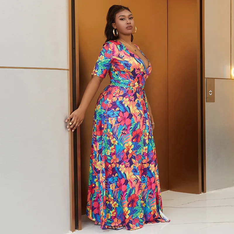 2024 New Plus Size Women Dress Plus Tropical Print Belted Maxi Dress