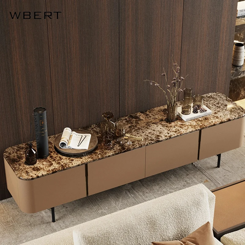 WBERT Italian Minimalist Smoked Solid Wood TV Stand Modern Luxury Marble Surface  for Living Room Low Cabinet