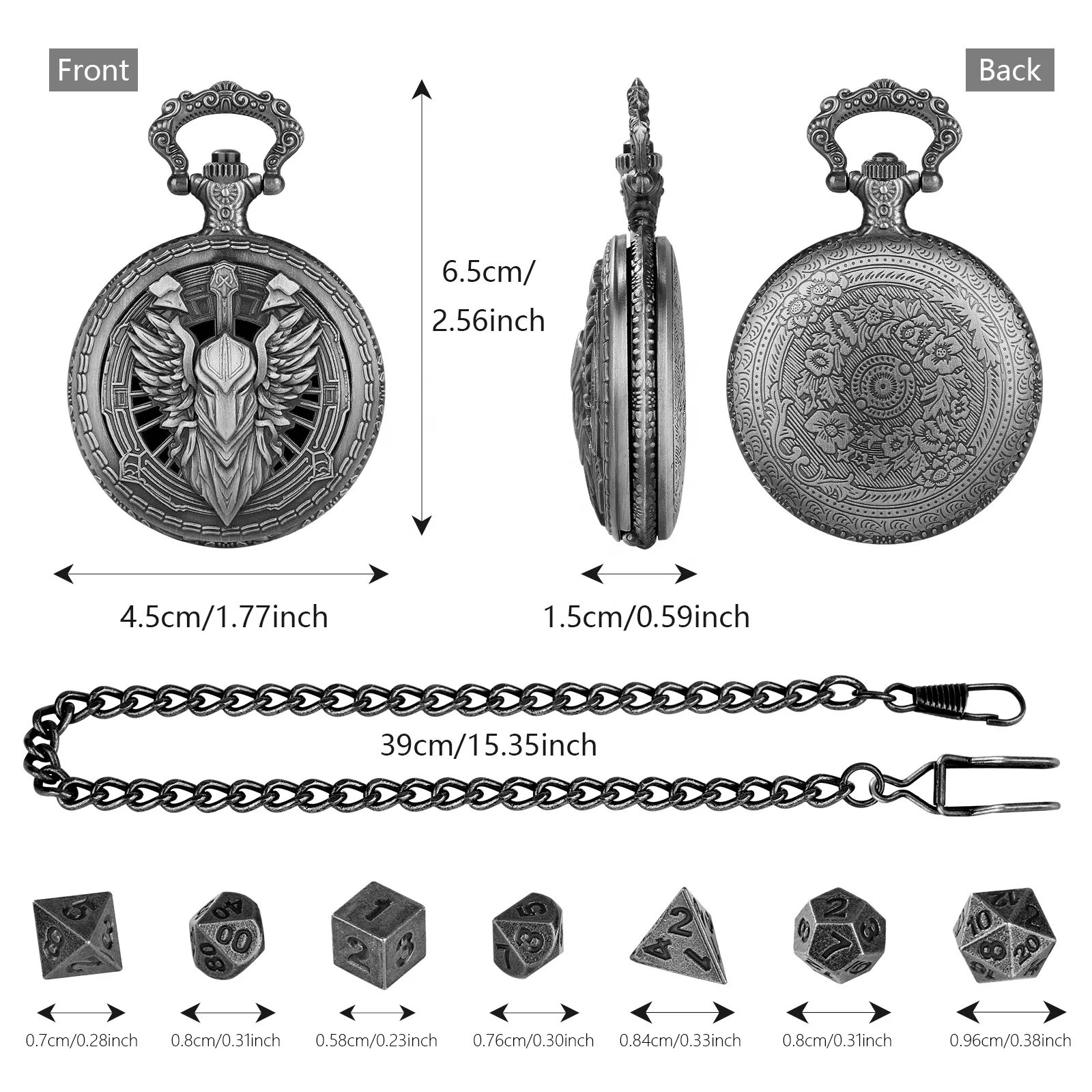 7pcs Portable Mini Role Playing Dice with Pocket Watch Shell, Cards Board Game Polyhedral Metal Dice Set