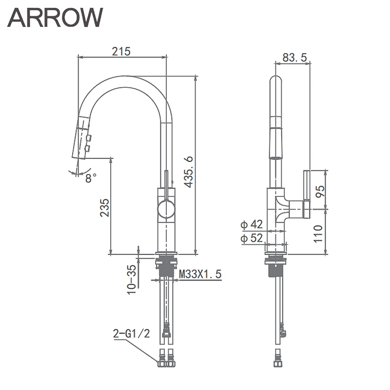 ARROW Kitchen Sink Faucets Matte Black Pull Out Brass Kitchen Sink Mixer Tap With Pull Down Sprayer