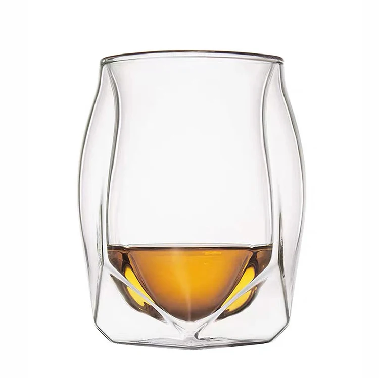 Unique Shape Double Walled Glass Whiskey Cup Multilateral Figure Double Layer Shot Glass For Wine