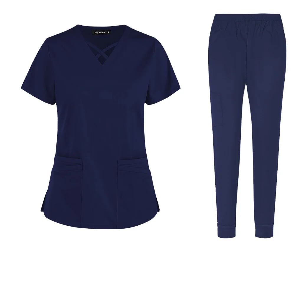 Woman Nurse Uniform Short Sleeve V Neck Scrub Top with Pocket Shirt Beauty Salon Lab Workwear Clinic Veterinary Surgical Gown