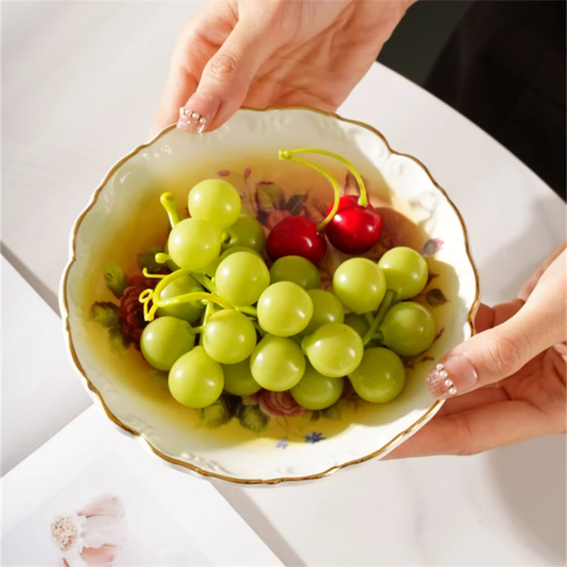 European style embossment gold rim dry fruit seving plate cake refreshments fruit dish luxury rose pattern white compote