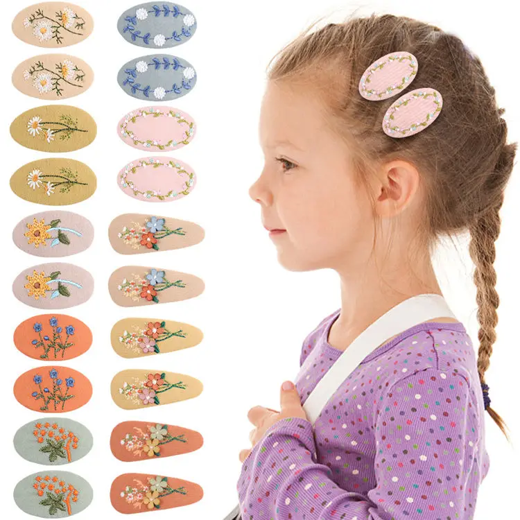 2pcs/Set Korean Spring Collection Linen Embroidery Hair Pin for Baby Girls Retro Fancy Floral Fabric BB Snap Clips