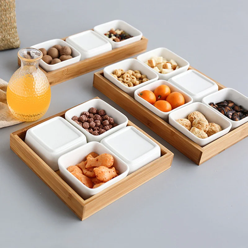 Nordic Home Multifunctional 4 Piece Detachable Removable Ceramic Dish Bamboo Candy Dried Fruit Nuts Snack Divided Tray Box