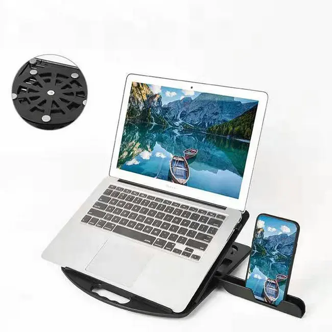 ergonomic 360 rotation plastic 6 level adjustable folding laptop cooler stand with extention phone holder