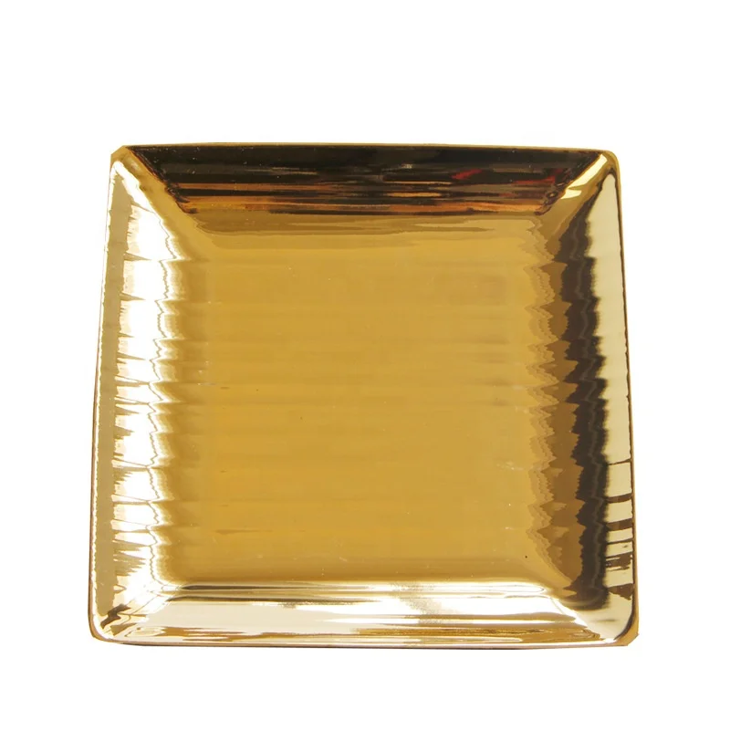 Golden Ceramic Tableware European Luxury Horizontal Pattern Square Ceramic Plate Dessert Fruit Plate Jewelry Plate Key Tray