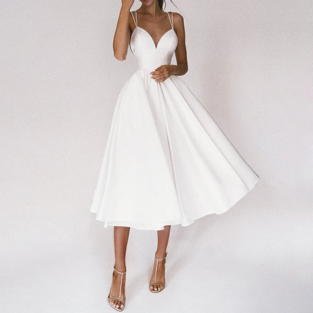 Bridal Gowns Wedding Dress A-line Spaghetti Straps V-neck Backless Tea-Length Red Ball Gown Evening Party Celebrity Dresses