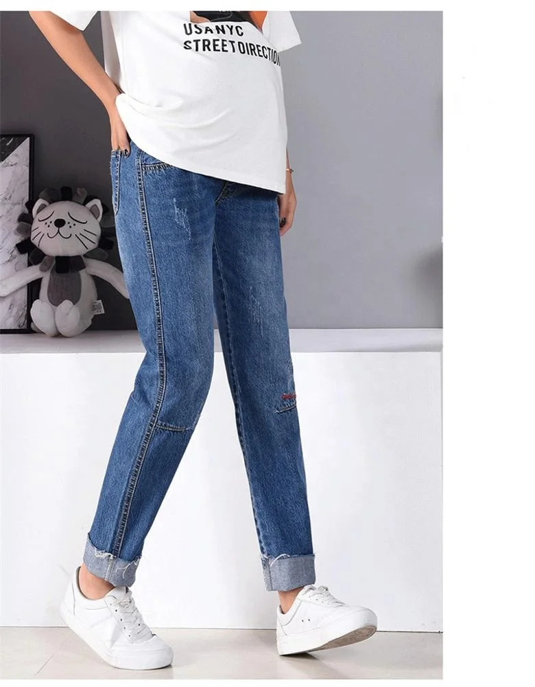 Потертая джинсовая ткань для беременных прямые джинсы стрейтч Осенняя мода Высокая талия живот брюки для беременных женщин