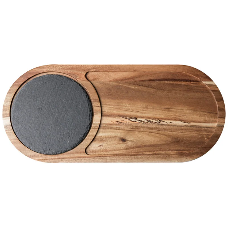 Nordic Restaurant Rectangle Wholesale Black Slate Borad Acacia Wood Pizza Bread Dinner Sushi Cheese Serving Plate for Steak