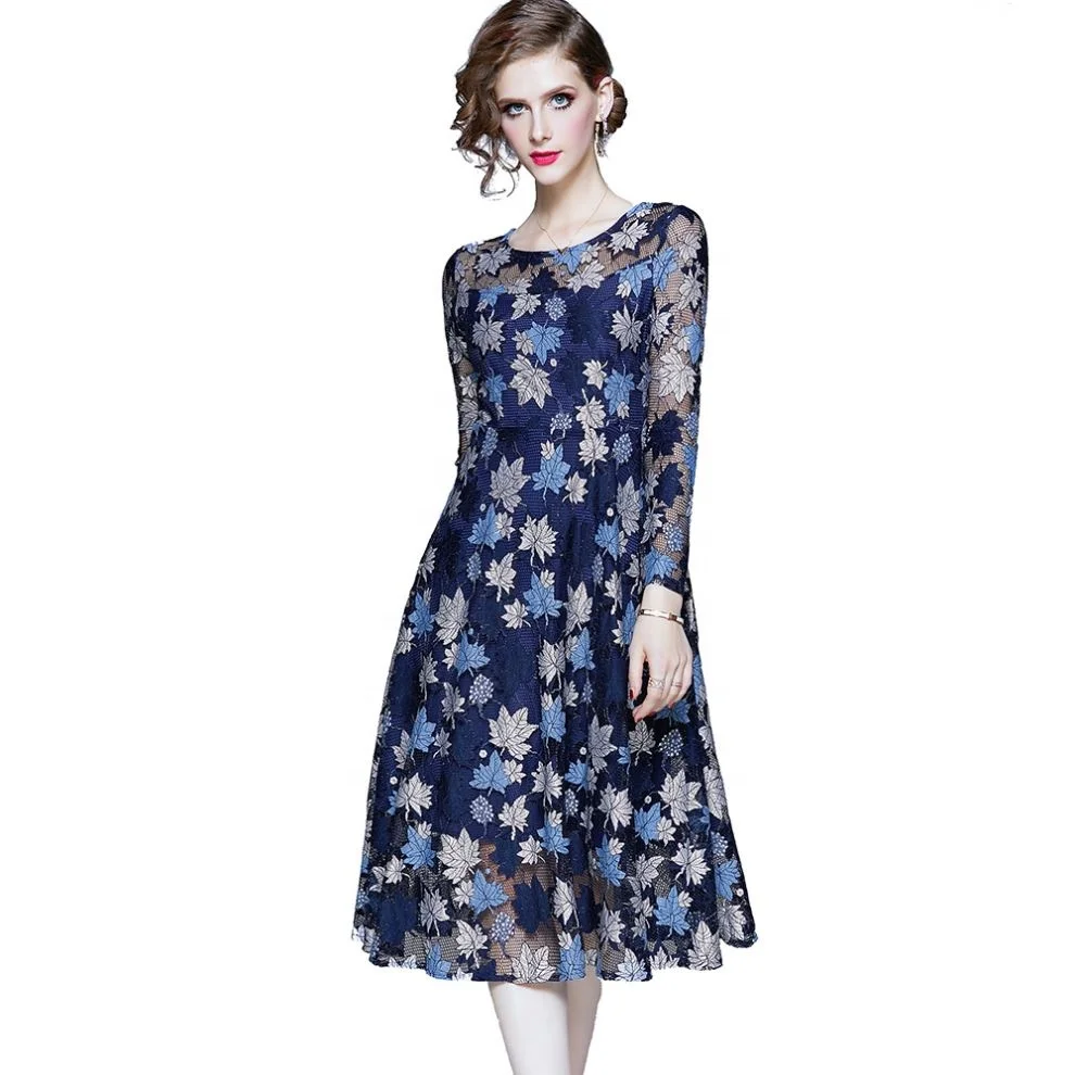 
Wholesale Elegant Women Fashion Maple Leaves Pattern Slim Waist A Line Lace Dress 