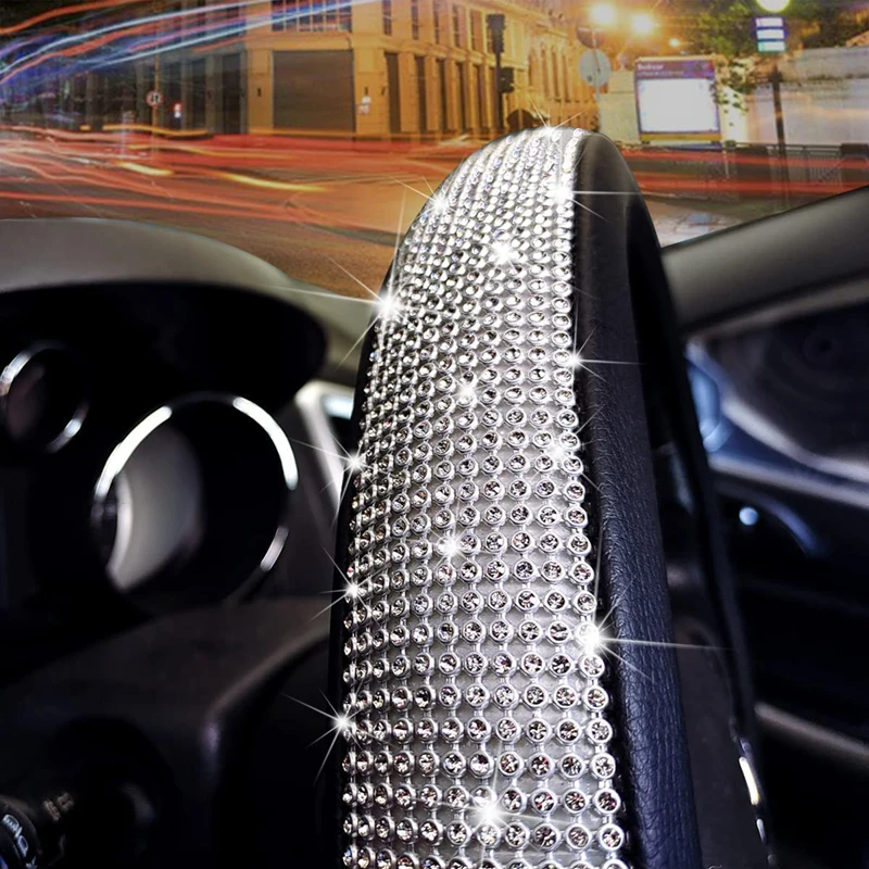 New Diamond Leather Steering Wheel Cover with Bling Bling Crystal Rhinestones Universal  Car Wheel Protector