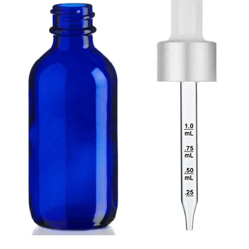 0.5oz 1oz 2oz 4oz 8oz 16oz coalt blue boston round glass bottle with dropper phenolic cap aluminum cap sprayer pump