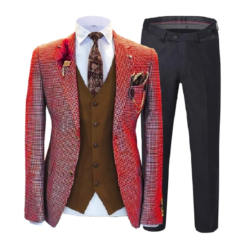 Custom Slim Fit Tweed Wool Business Plaid Design Wedding Groom 3 Piece Suits Set For Men