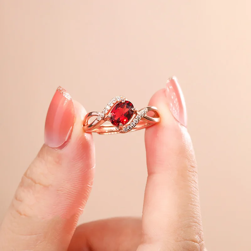 Set with 5x7mm round natural pigeon blood red stone ring light luxury plated rose gold opening ring