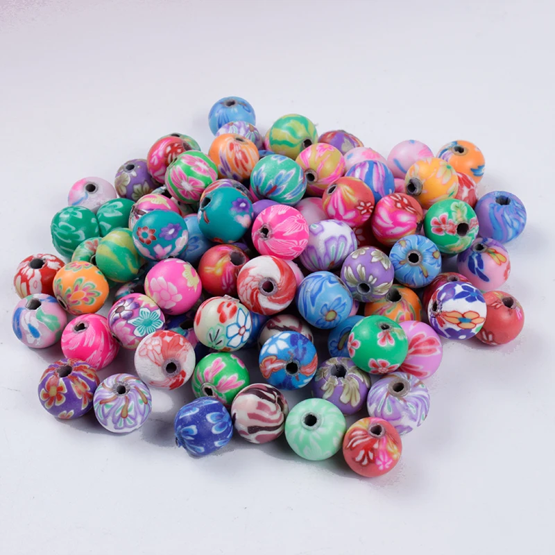 
50Pcs/Bag 8mm Polymer Clay Flower Pattern Printing Beads Round Loose Beads Random Mix Colors for Make Jewelry Wholesale 