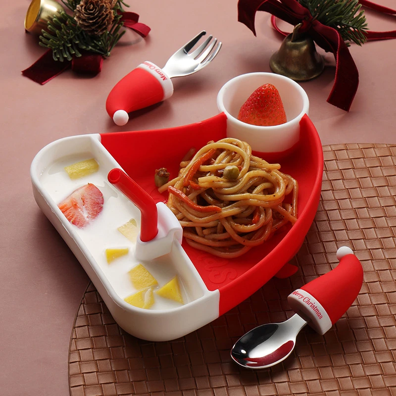 New Products Christmas Factory Wholesale Silicone Baby Bib Feeding Set Creative Forks, Spoons, Tableware,Hats, Silicone Divided