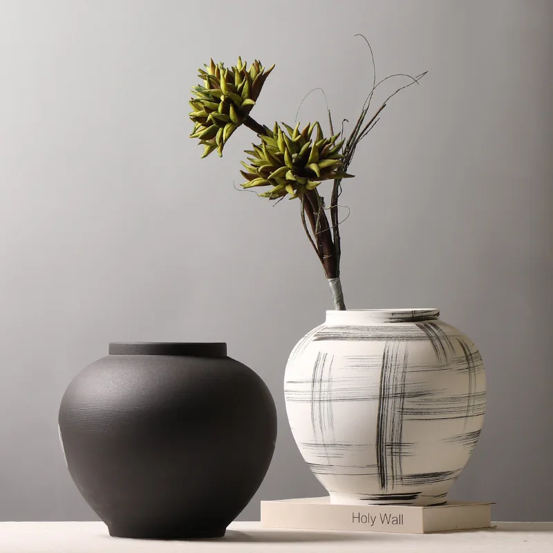 New ceramic round jar vase hand-painted ink flower arrangement flower stand creative decoration ornaments clay Chinese vase
