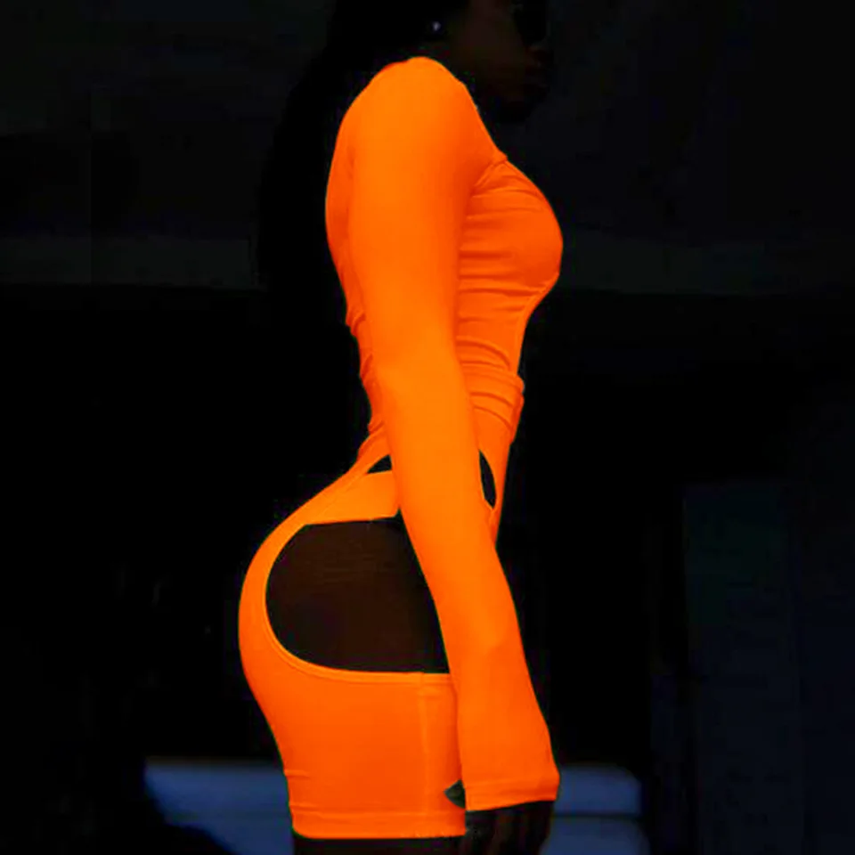 Fluorescent Green Schoolbag Button Long Sleeve Short bodysuits for women jumpsuits, playsuits jumpsuits