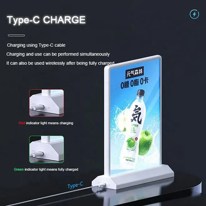 Custom Shaped LED Menu Light Box Tempered Glass Advertising Poster Frame for Restaurant Table Charging Aluminum Frame Lightbox