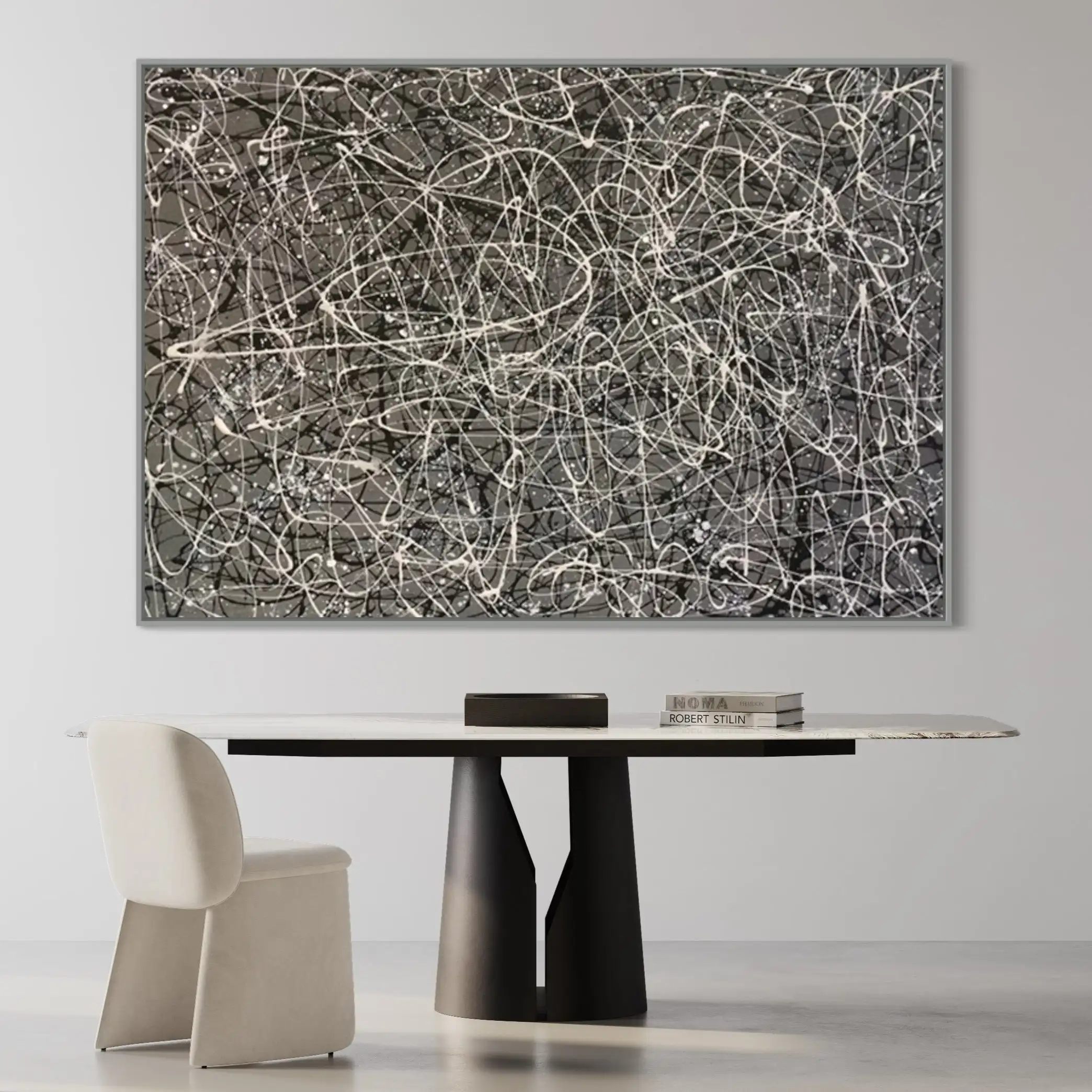 Jackson Pollock Style Modern Contemporary Aesthetic Painting on Canvas Wall Art Black and White Creative Abstract Artwork for Wa