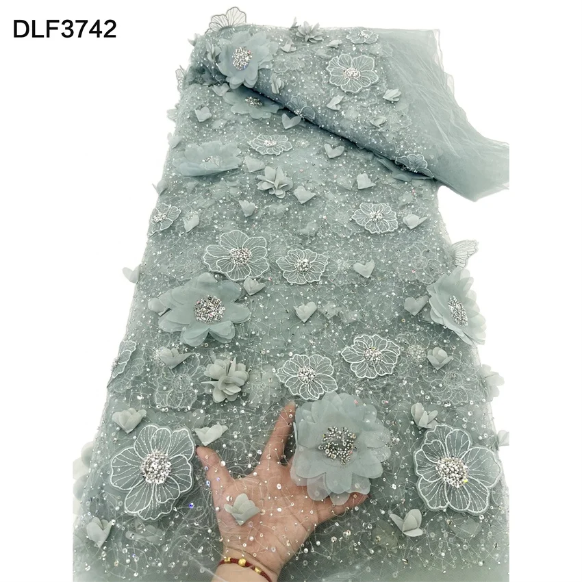New Elegant 3D Flowers Beaded Sequin Lace Embroidery Wedding Bridal Tulle Net Beaded Lace Fabric for Women