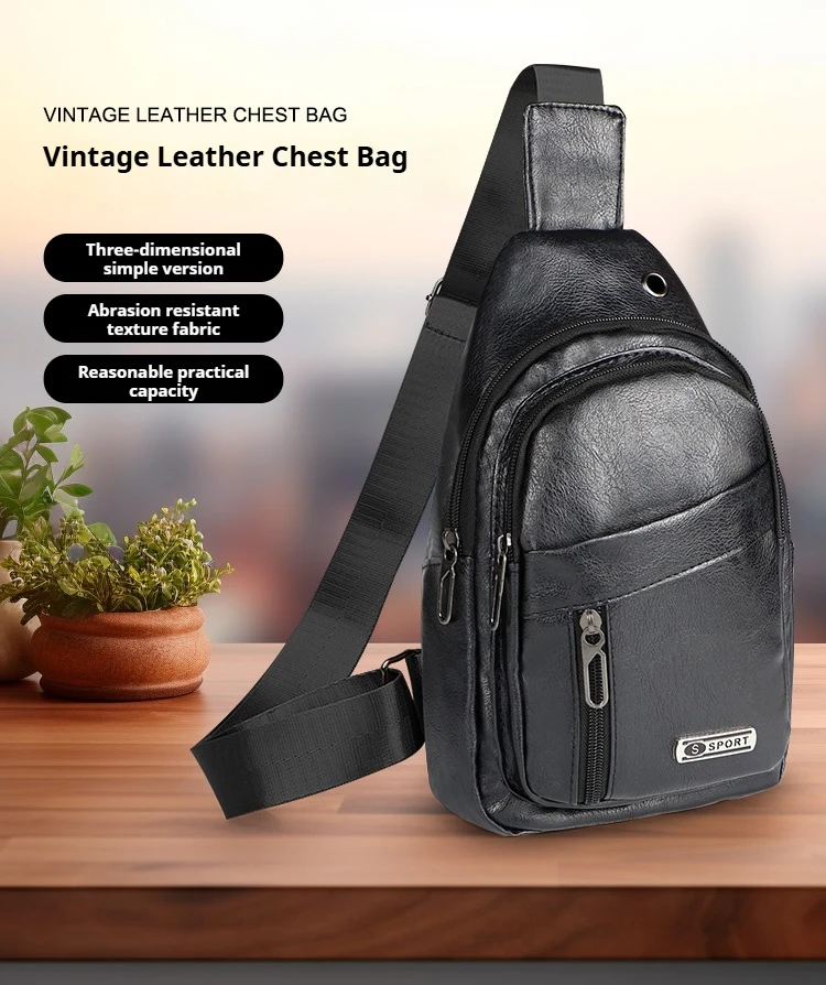 Retro Fashion PU Leather Chest Bag Large Capacity Waterproof Chest Bag Outdoor Headphone Jack Design Chest Bag