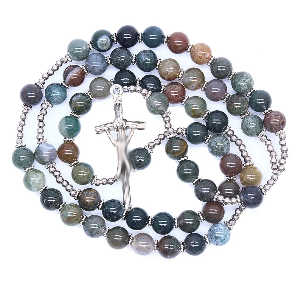 8MM Jade Beads Rosary Cross Necklace India Agate Stone Cross Necklace Religious Catholic Christian Prayer Bead NECKLACE